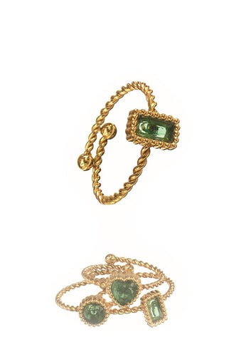 Hot Tomato Stack Solo Rectangular Adjustable Ring in 18K Gold plated Stainless Steel with Emerald Crystal