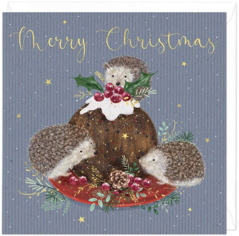 Hedgehogs with Christmas Pudding Christmas Card