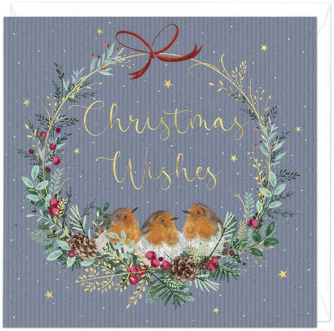 Robins on Wreath Christmas Card Blue