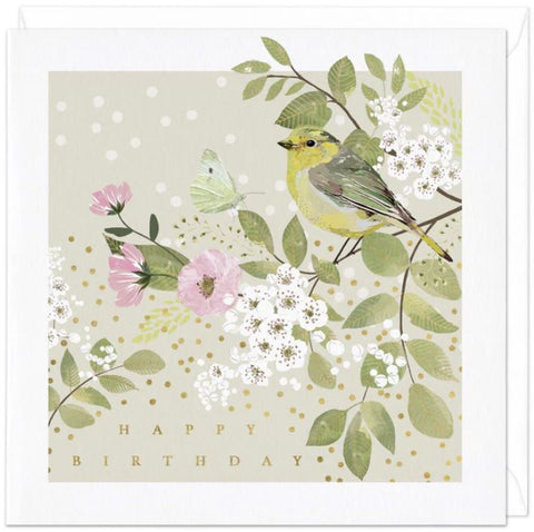 Greenfinch and Blossom Birthday Card