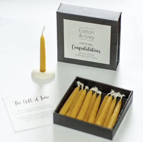 Cotton and Grey 'Congratulations' Candles With Ceramic Holder open box