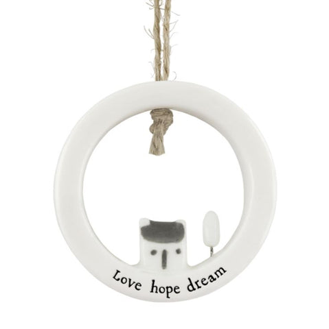 East of India Porcelain House in Circle Hanging Decoration-Love Hope Dream