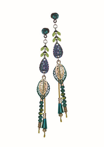 Hot Tomato Woodland Water Sprite  Earrings in Peacock and Gun Metal