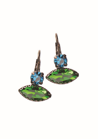 Hot Tomato Almond Eyes Double Crystal French Hook Earrings in Blue and Green