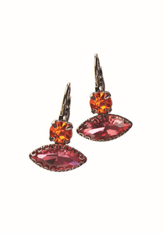 Hot Tomato Almond Eyes Double Crystal French Hook Earrings in Fuchsia and Tangerine