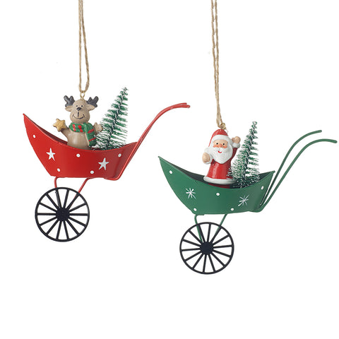 Heaven Sends Metal Santa and Deer Hanging Figures in Wheel Barrows