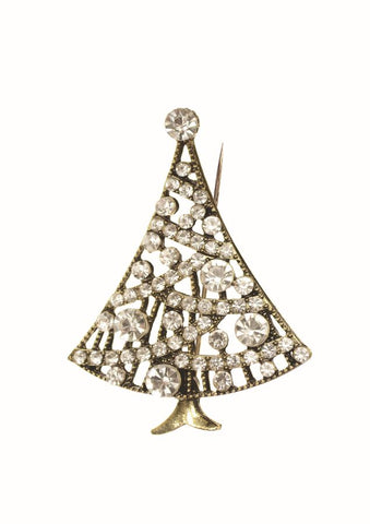 Hot Tomato Christmas Tree Brooch - Antique Gold / Clear Crystals 