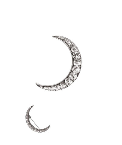 Hot Tomato Crescent Moon Brooch in Antique Silver Finish and Clear Crystals