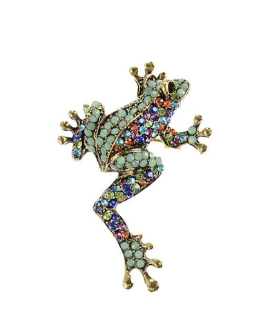 Hot Tomato Leaping Frog Brooch in Antique Gold with Multi Coloured  Crystals
