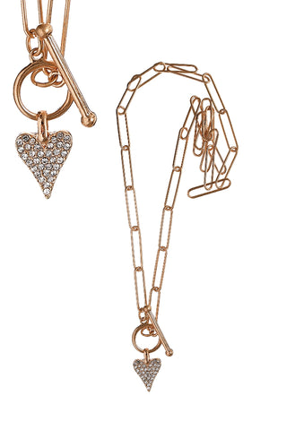 Hot Tomato Crystal Set Heart Necklace with Front Fob Fastening Worn Silver and Clear