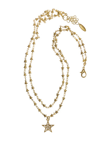 Hot Tomato Double Star Chain with Crystal Star Captured Necklace Gold