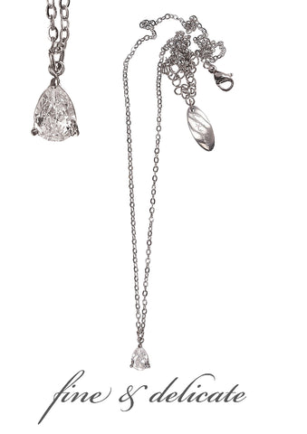 Hot Tomato Lone Teardrop silver finish Necklace with clear crystal pendant, extender and lobster clasp