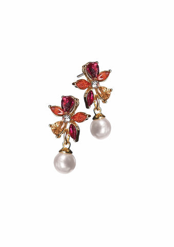 Hot Tomato Mini Crystal Flower with Faux Pearl Earrings