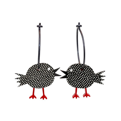 Lene Lundberg K-Form Black and White Bird Earrings with Red Legs