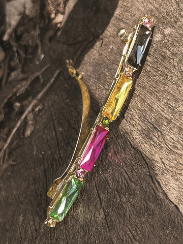 Hot Tomato Colour Run Baguette Cut Hair Clips in Gold with Multi Colour Crystals