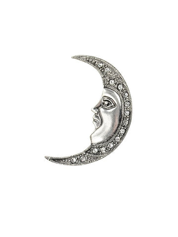 Hot Tomato Man in The Moon Brooch in Antique Silver with Clear Crystals