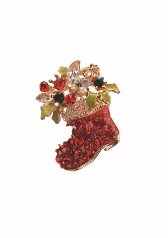 Hot Tomato Santa's Boot with Festive Flowers Brooch