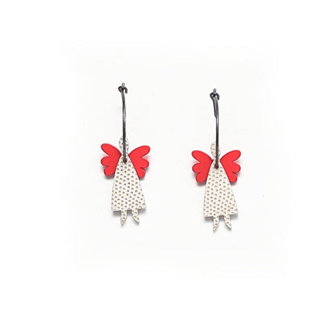 Lene Lundberg Earrings Angels with Grey Gold Spotted Bodies and Red Wings