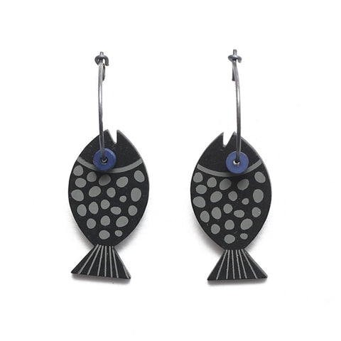Lene Lundberg K Form Black Spotted Fish with Dark Blue Eyes Earrings