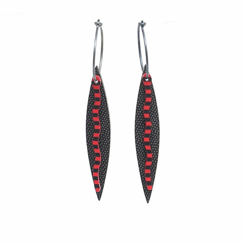 Lene Lundberg K-Form Narrow Black Leaf Earrings with Red Stalk