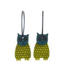 Lene Lundberg K-Form Green Owls with Dark Blue Heads Earrings