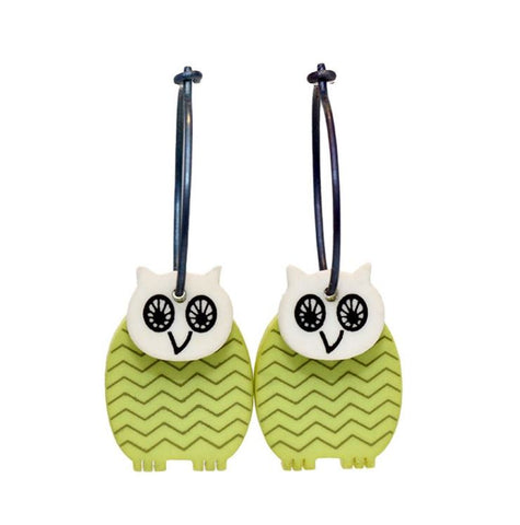 Lene Lundberg K-Form Lime Green Owl with White Heads Earrings