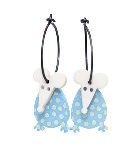 Lene Lundberg Earrings Mice with Blue Bodies and White Heads
