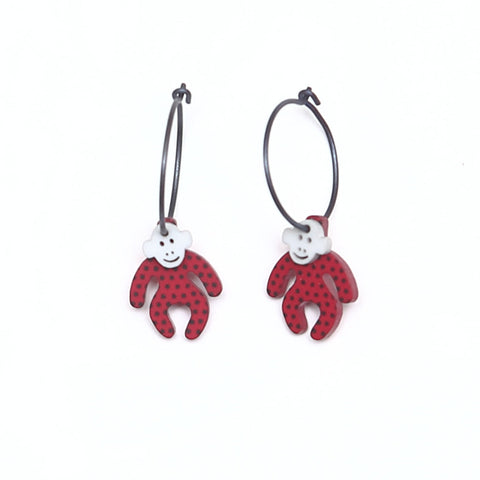 Lene Lundberg Earrings Monkeys with Red Bodies with Black Spots and Grey Heads