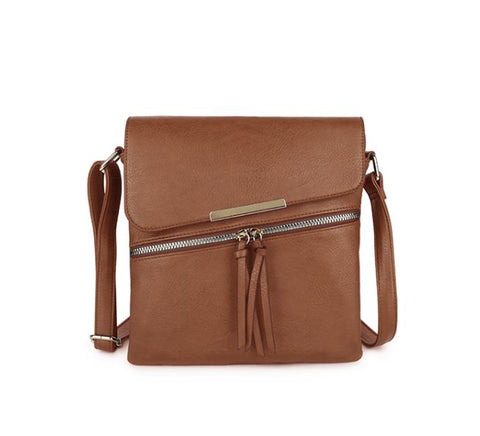 Long & Son Cross Body Shoulder Bag with Front Zip Fastening in Brown/Tan