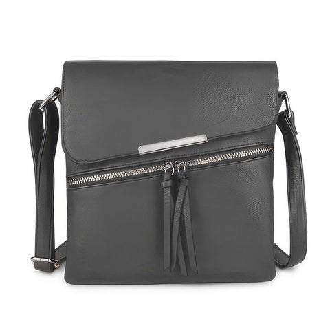 Long & Son Cross Body Flap Over Shoulder Bag with Zip and Tassel Detail in Black