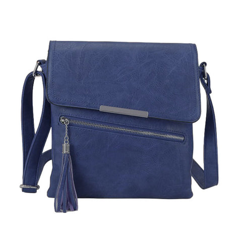 Long & Son Cross Body Flap Over Shoulder Bag with Zip and Tassel Detail in Royal Blue