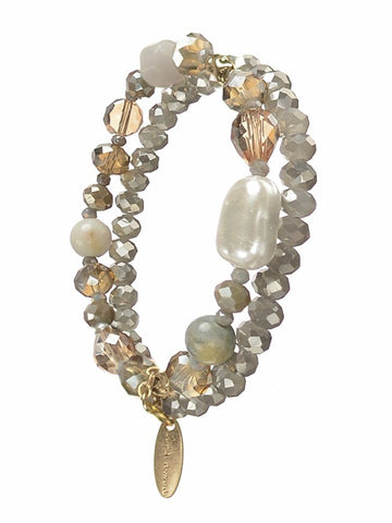 Hot Tomato Crystal & Faux Pearl Elas Duo Bracelet in Warm Grey and Golden