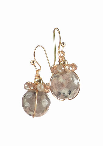 Hot Tomato Facetted Stone Captured With Crystal Halo Earrings in Putty and Gold