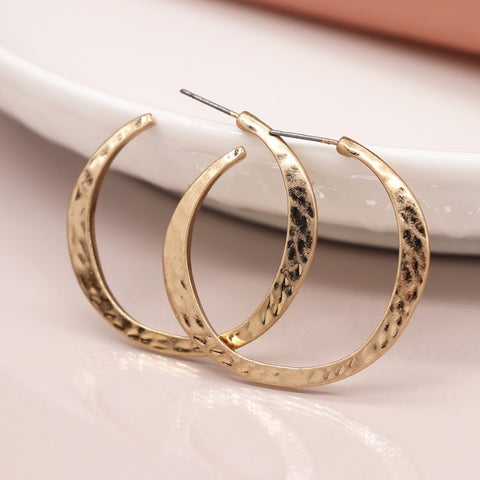 Pom  Worn Gold Irregular Hammered Open Hoop Earrings Earrings