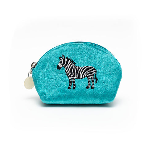 Pom Teal Embroidered Velvet Zebra 'D' Purse