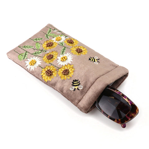 PoM Cocoa Velvet Sunflower Field Embroidered Glasses Case with Glasses