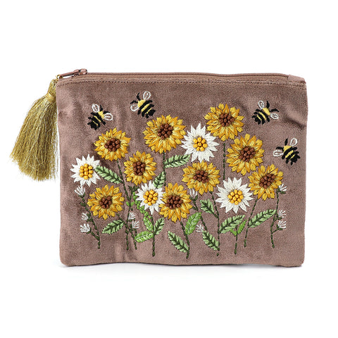 PoM Cocoa Velvet Sunflower Field Embroidered Zip Purse or Pouch