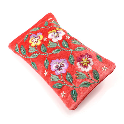 PoM Coral Red Pansies Embroidered Glasses Case