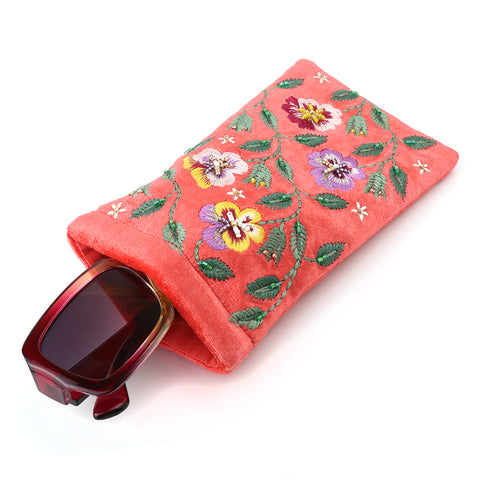 PoM Coral Red Pansies Embroidered Glasses Case with Glasses