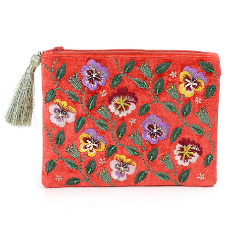 PoM Coral Red Pansies Embroidered Zip Purse or Pouch