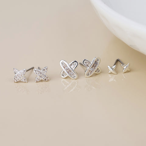 PoM Faux Silver Plated Crystal Flower Triple Pair Pack Earrings
