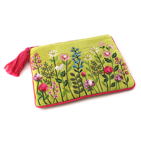 PoM Green Velvet Summer Meadow Embroidered  Zip Purse
