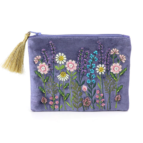 PoM Lilac Blue Multi Flower Meadow Embroidered Zip Purse or Pouch