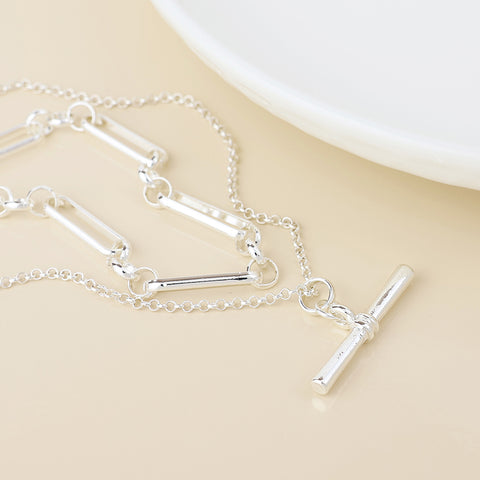 PoM Silver Plated Paper Link Chain and T Bar Double Layer Necklace