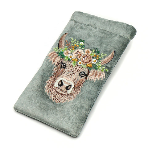 PoM Teal Seafoam Velvet Glasses Case with Embroidered Highland Cow