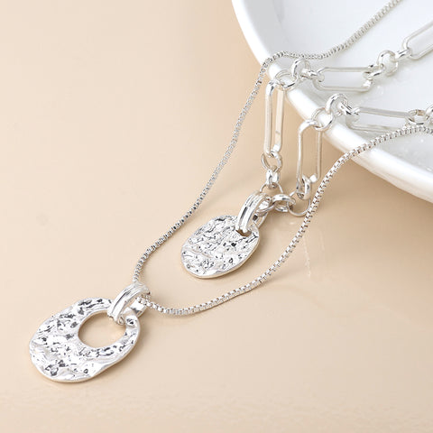 Pom Silver Plated Double Layer Paper Link and Box Chain Necklace with Beaten Discs