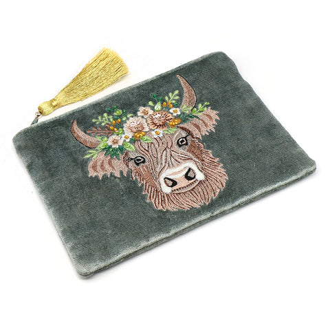 Pom Teal Seafoam Velvet with Embroidered Highland Cow Purse