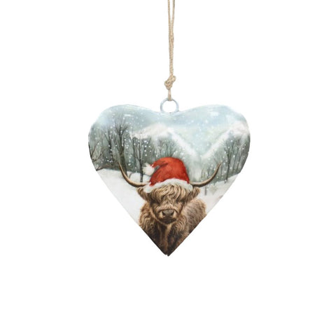Festive Highland Cow Metal Heart Hanging Decoration