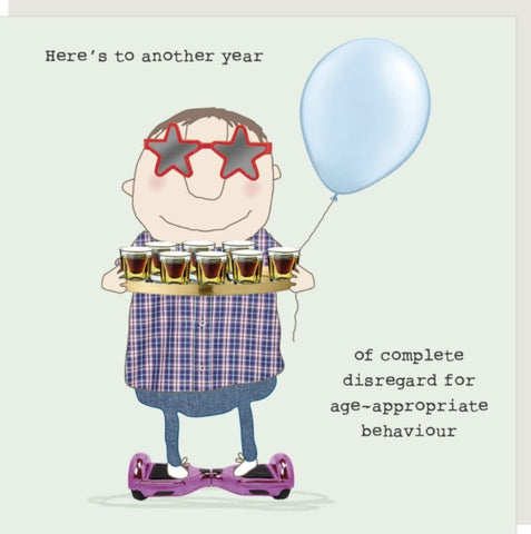 Disregard Boy Birthday Greeting Card from Rosie Made a Thing -a humorous birthday card illustration featuring a cartoon boy wearing red star-shaped sunglasses, a blue plaid shirt, and jeans, standing on a purple hoverboard and holding a tray of six beer glasses while holding a light blue balloon. The text reads 'Here's to another year of complete disregard for age-appropriate behaviour'.