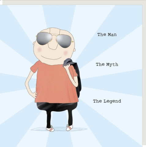 The Man The Myth Birthday Greeting Card from Rosie Made a Thing featuring a humorous drawing of a man in sunglasses and brown T shirt with a coat slung nonchalantly over his shoulder with the message 